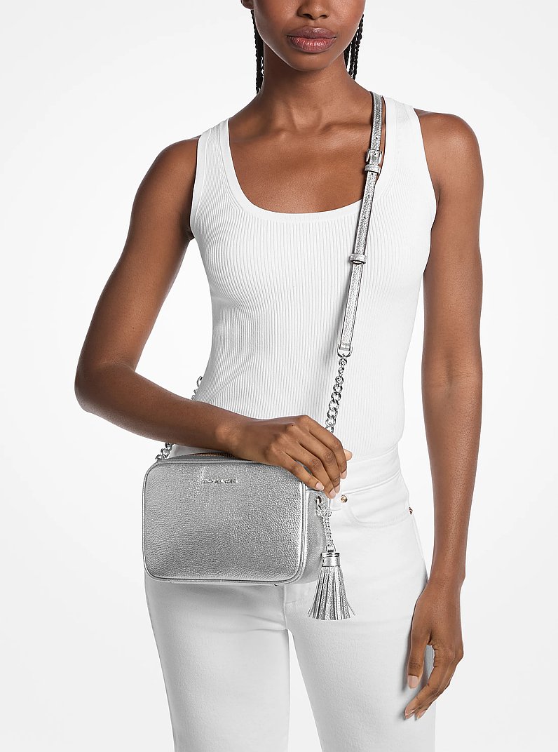 Jet Set Medium Metallic Pebbled Leather Camera Bag in SILVER | Michael Kors