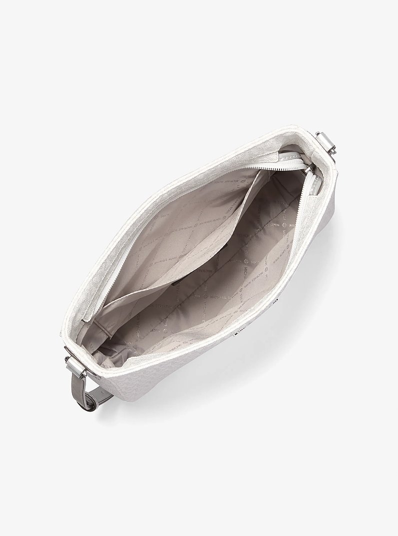 Jet Set Travel Large Metallic Signature Logo Messenger Bag in SILVER | Michael Kors