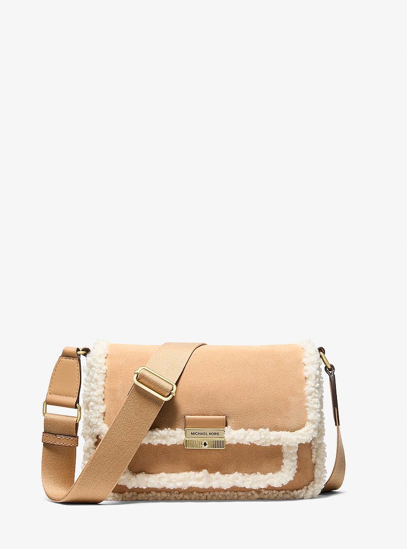 Bradshaw Medium Suede and Faux Shearling Messenger Bag in PEANUT
