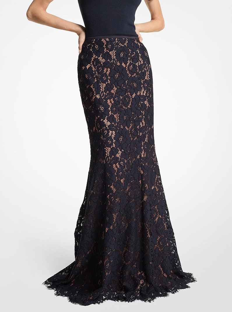 Cotton Blend Floral Lace Fishtail Skirt in MIDNIGHT | Michael Kors
