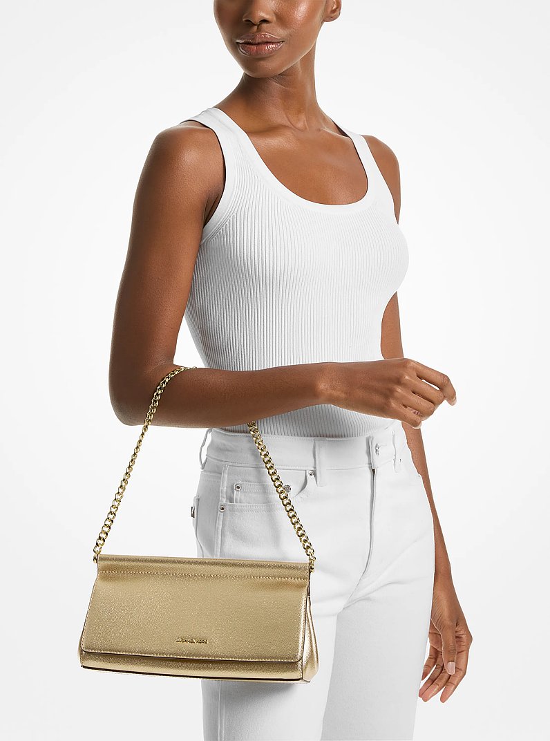 Carmine Medium Metallic Pebbled Leather Pochette in PALE GOLD | Michael Kors