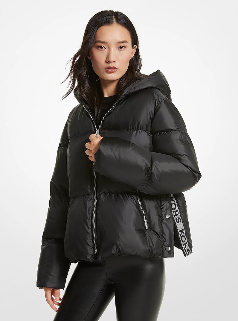 Metallic Cir&eacute; Logo Tape Puffer Jacket in BLACK | Michael Kors