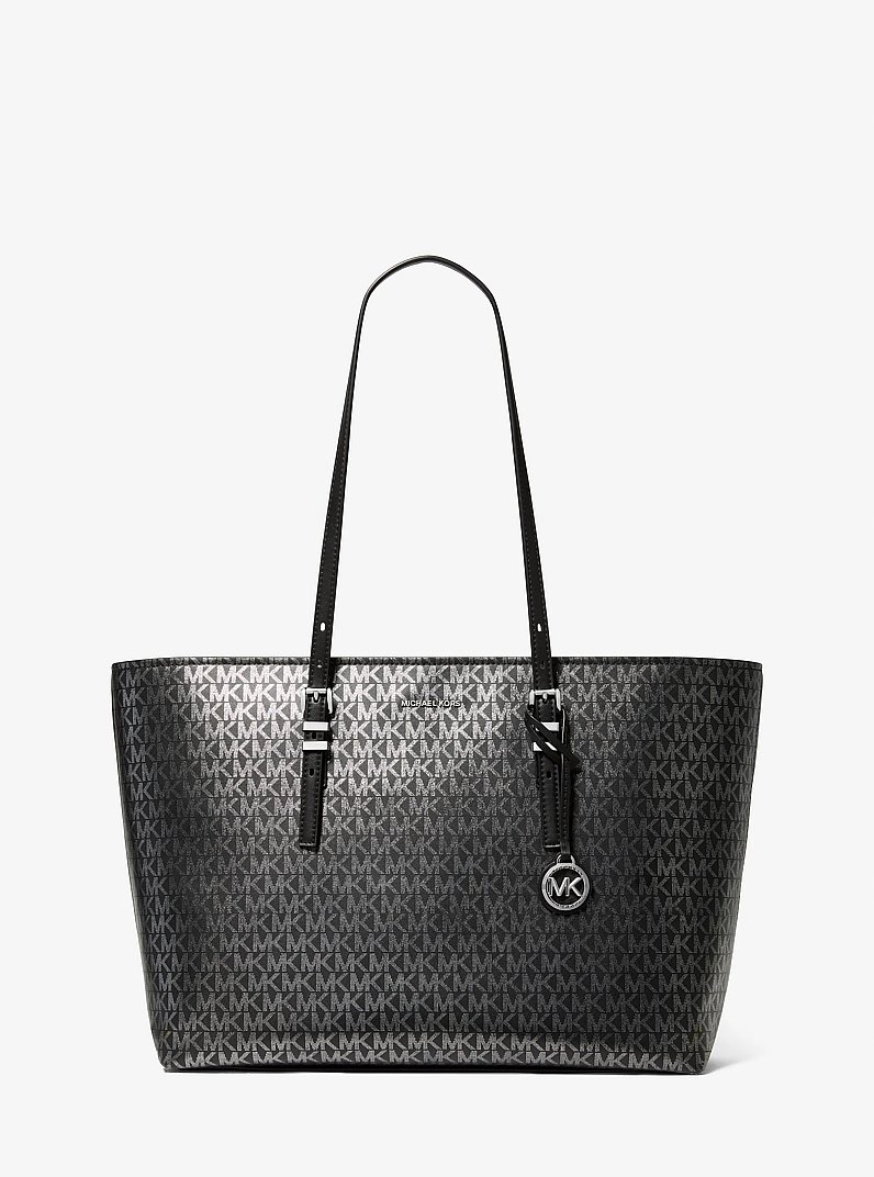Quinn Large Metallic Signature Logo Tote Bag in BLACK | Michael Kors