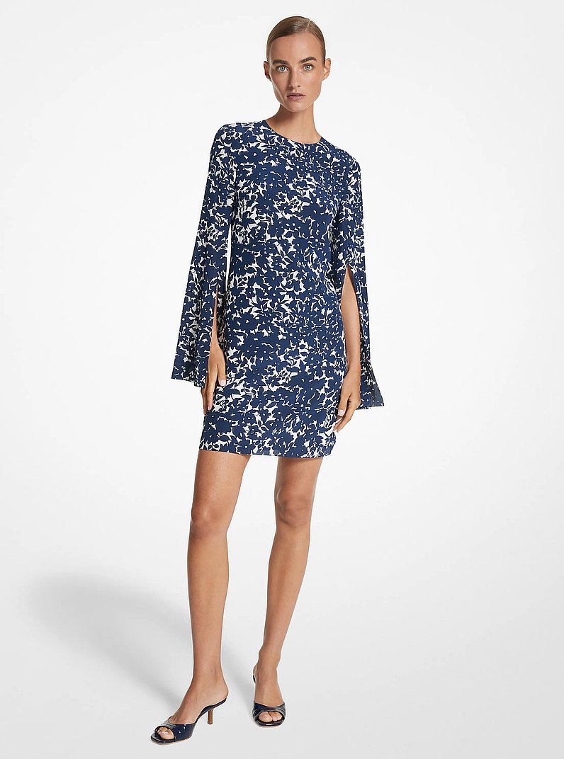 Floral Organic Silk Crepe De Chine Slit-Sleeve Dress in BLANCO INTENSO/AZUL MARINO | Michael Kors