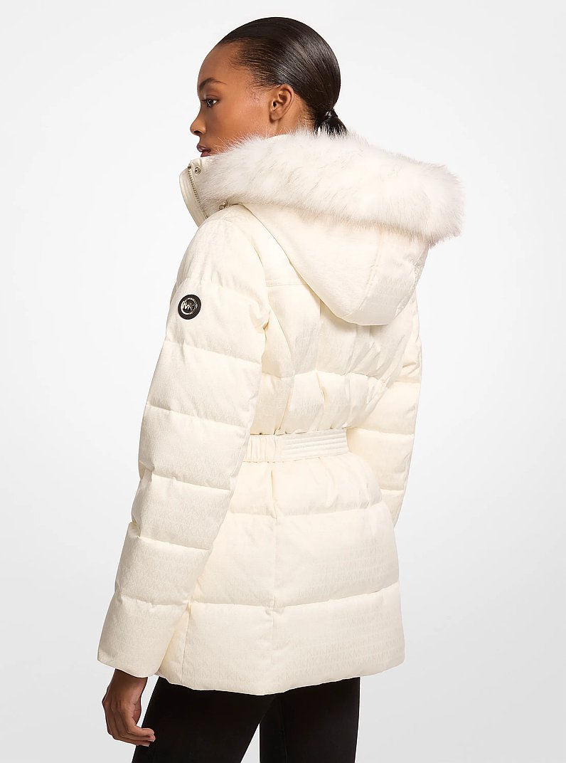 Faux Fur Trim Belted Puffer Jacket in BONE LOGO | Michael Kors
