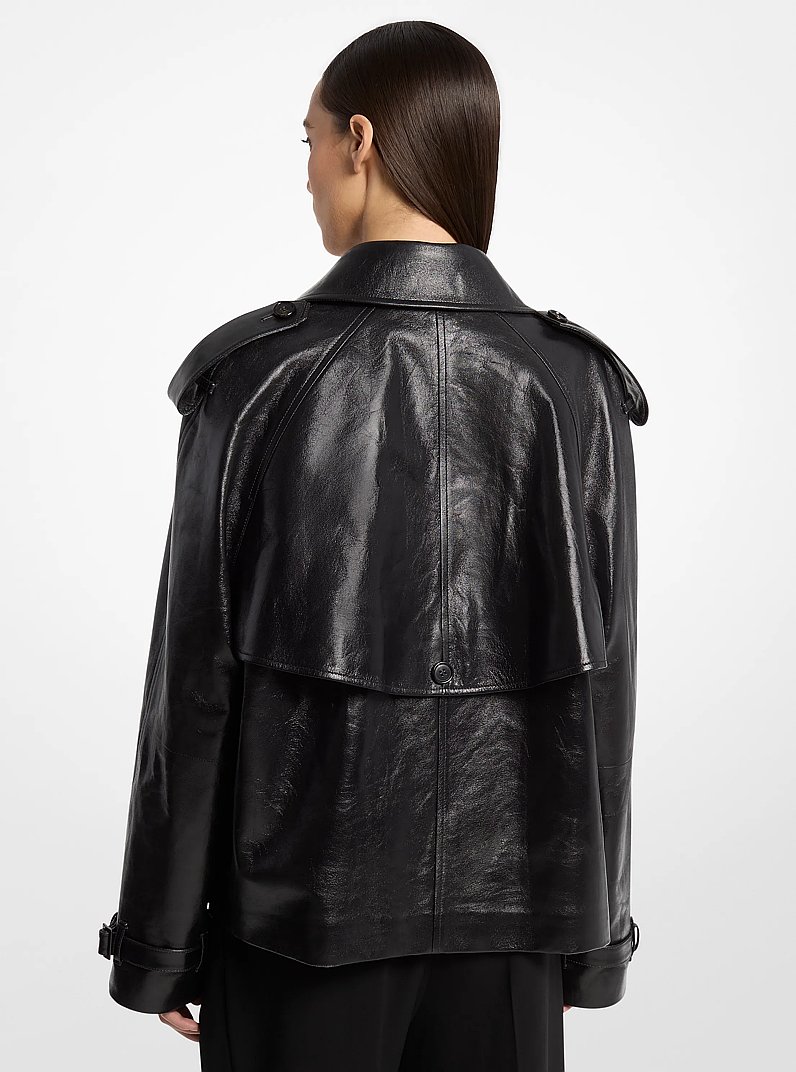 Oversized Leather Cropped Trench Coat in BLACK | Michael Kors