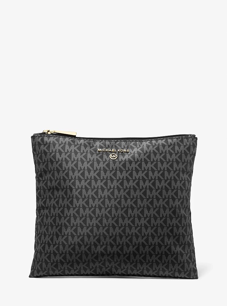 Jet Set Travel Large Signature Logo Print Woven Tote Bag in BLACK | Michael Kors