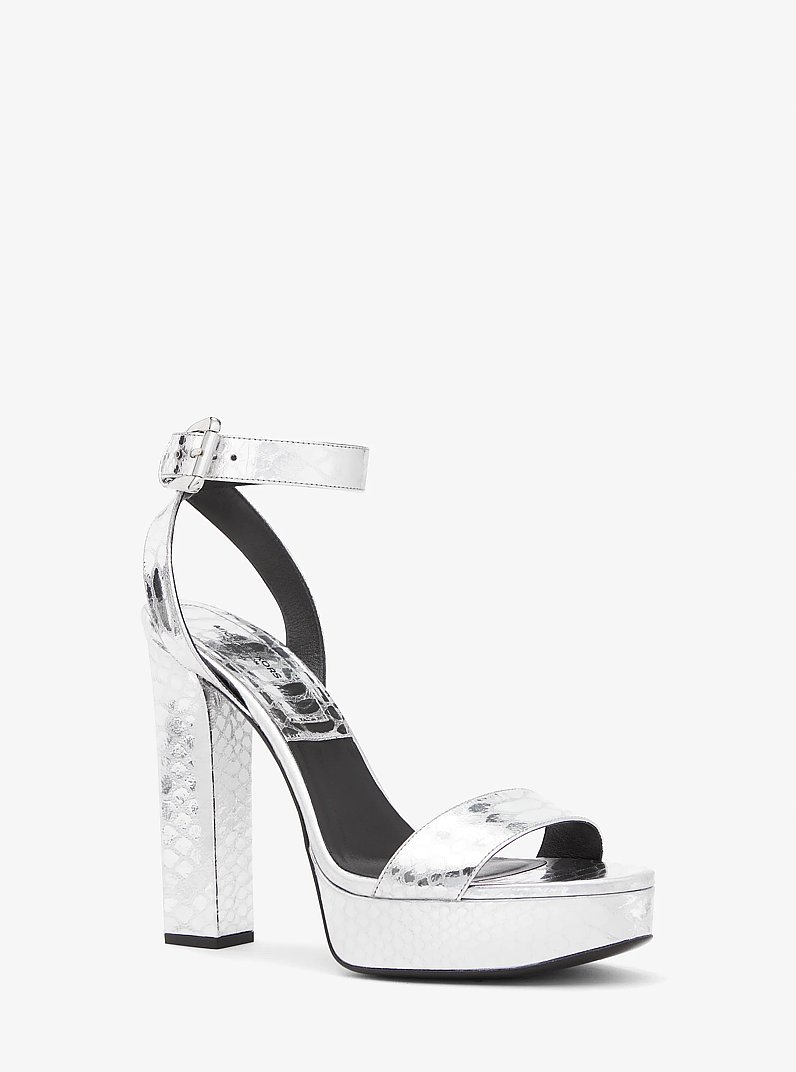 Anabelle Metallic Python Embossed Leather Platform Sandal in SILVER | Michael Kors