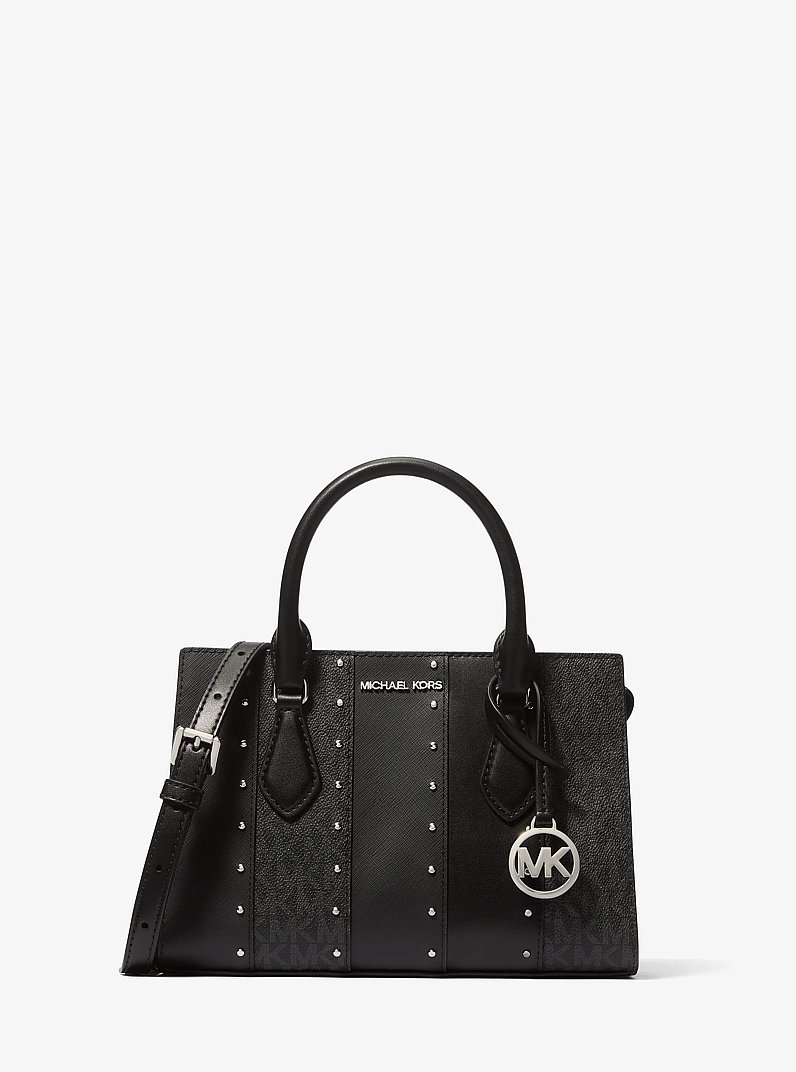 Bolso satchel Sheila peque&ntilde;o con parches de tachuelas y logotipo exclusivo in NEGRO COMBINADO | Michael Kors