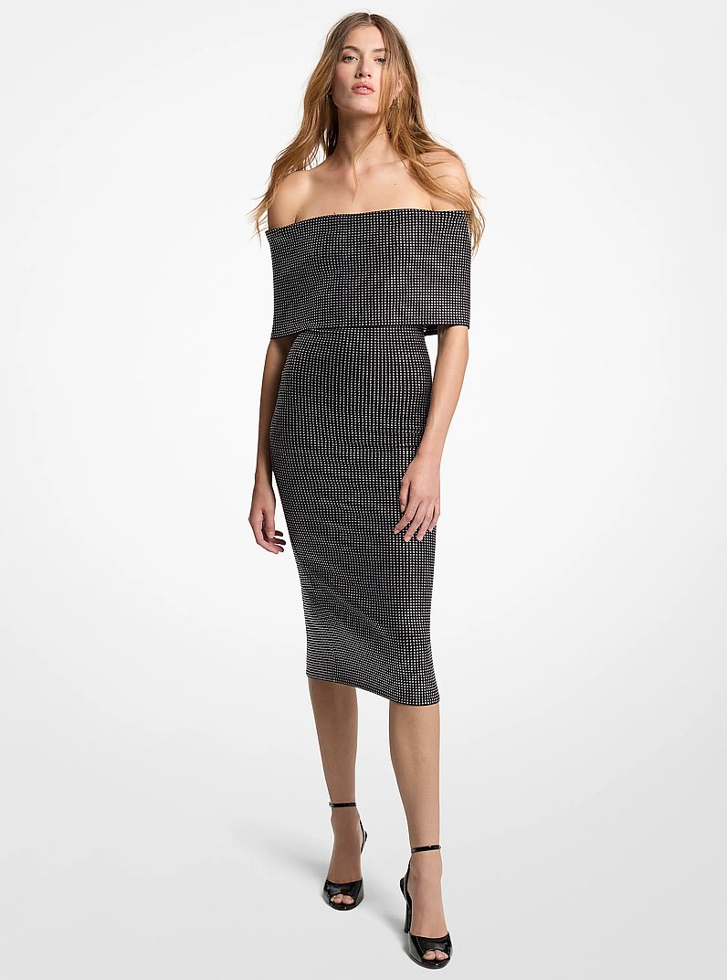Studded Stretch Viscose Off-The-Shoulder Dress in BLACK | Michael Kors