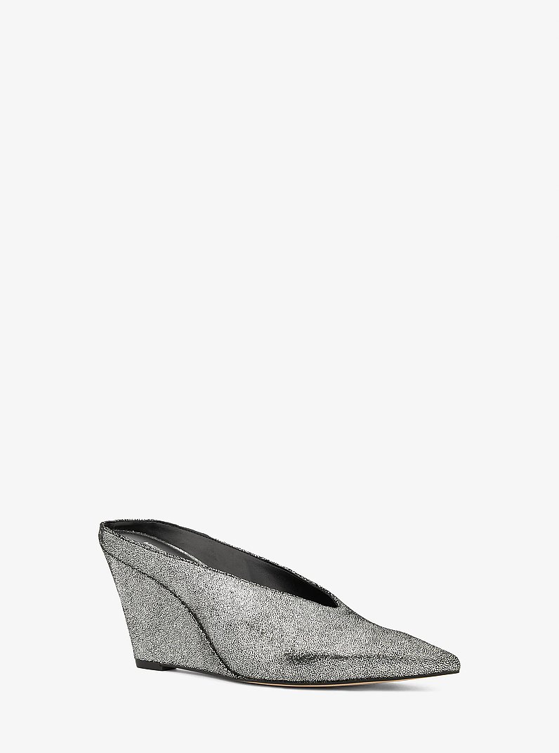 Xandra Metallic Leather Wedge Mule in SILVER | Michael Kors