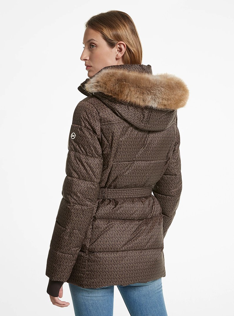 Faux Fur Trim Quilted Belted Puffer Jacket in CHOCOLATE | Michael Kors