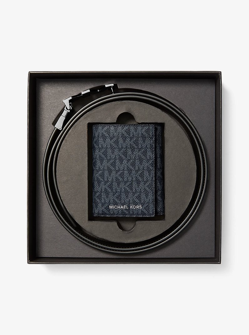 Ensemble-cadeau d&rsquo;&eacute;tui pour cartes &agrave; trois volets et de ceinture &agrave; logo Signature in AMIRAL/BLEU P&Acirc;LE | Michael Kors