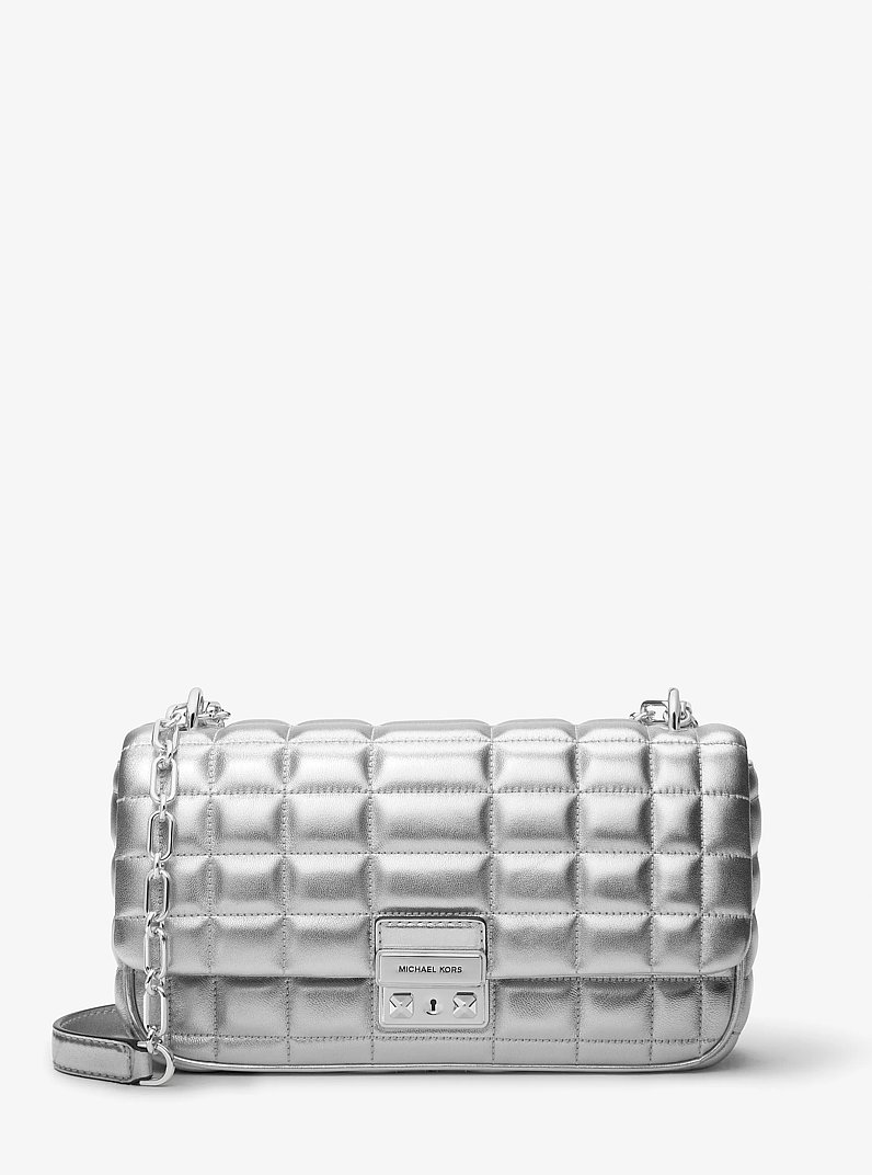 Tribeca Large Metallic Quilted Leather Shoulder Bag in SILVER | Michael Kors
