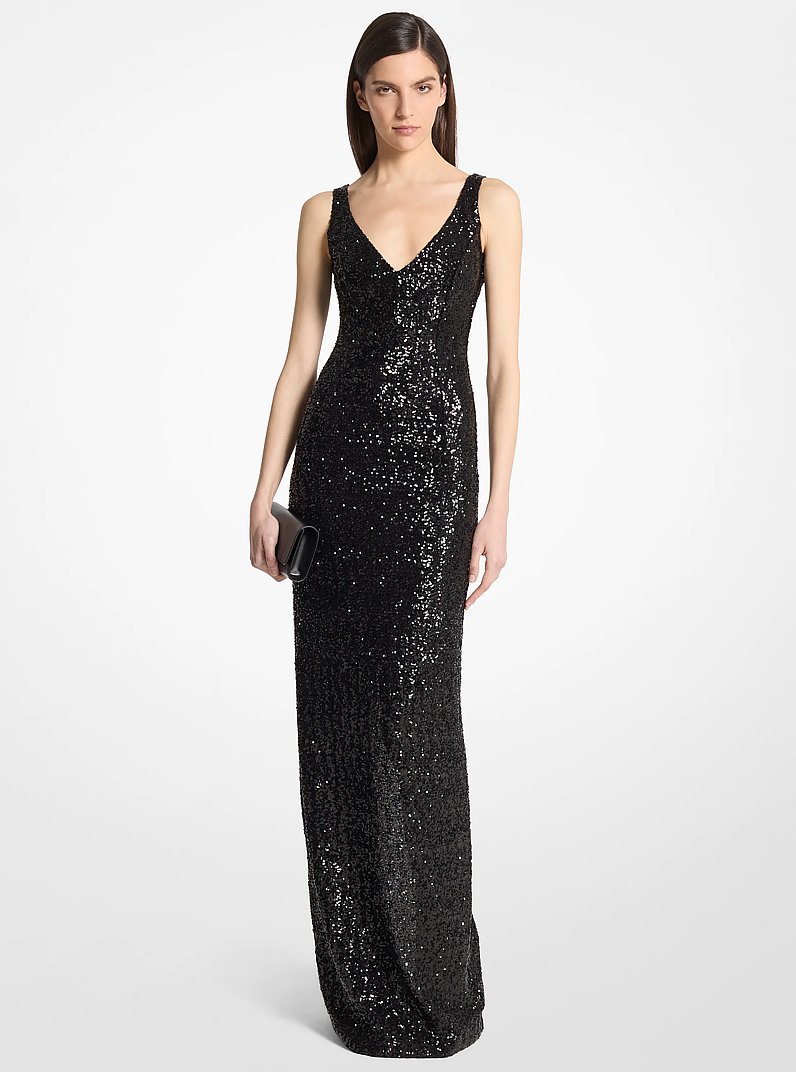 Sequined Stretch Tulle Gown in BLACK | Michael Kors