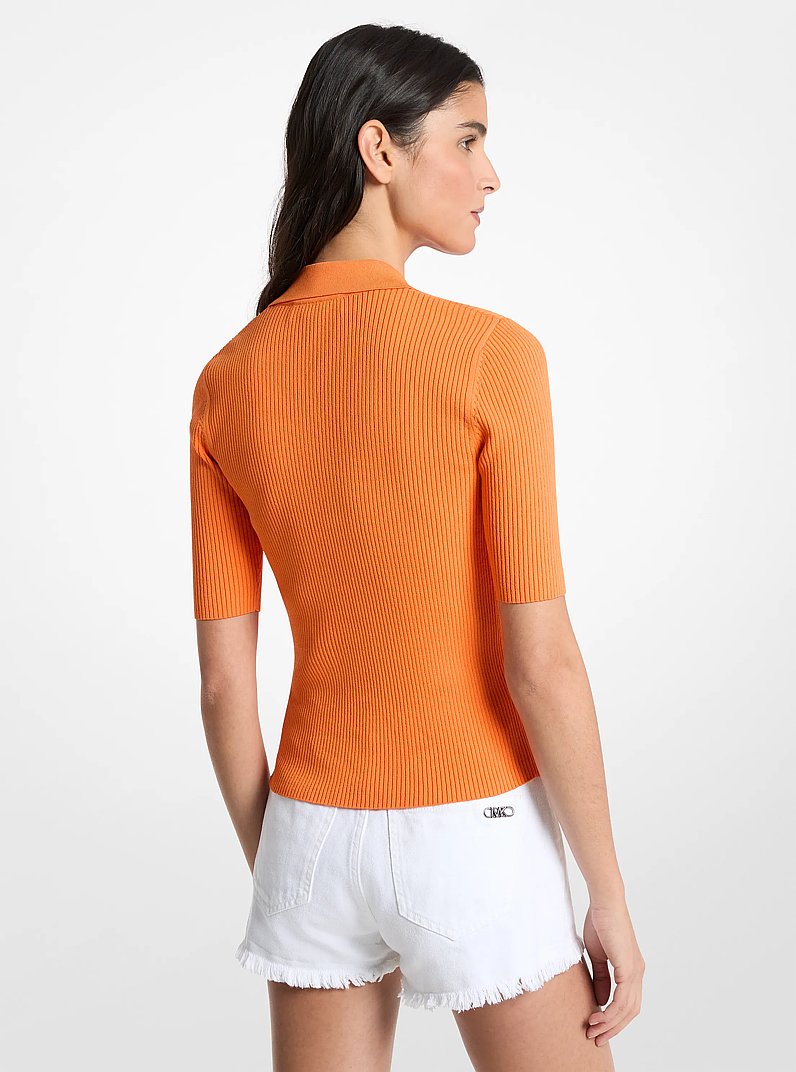 Ribbed Stretch Viscose Lace-Up Polo Top in ORANGE SORBET | Michael Kors