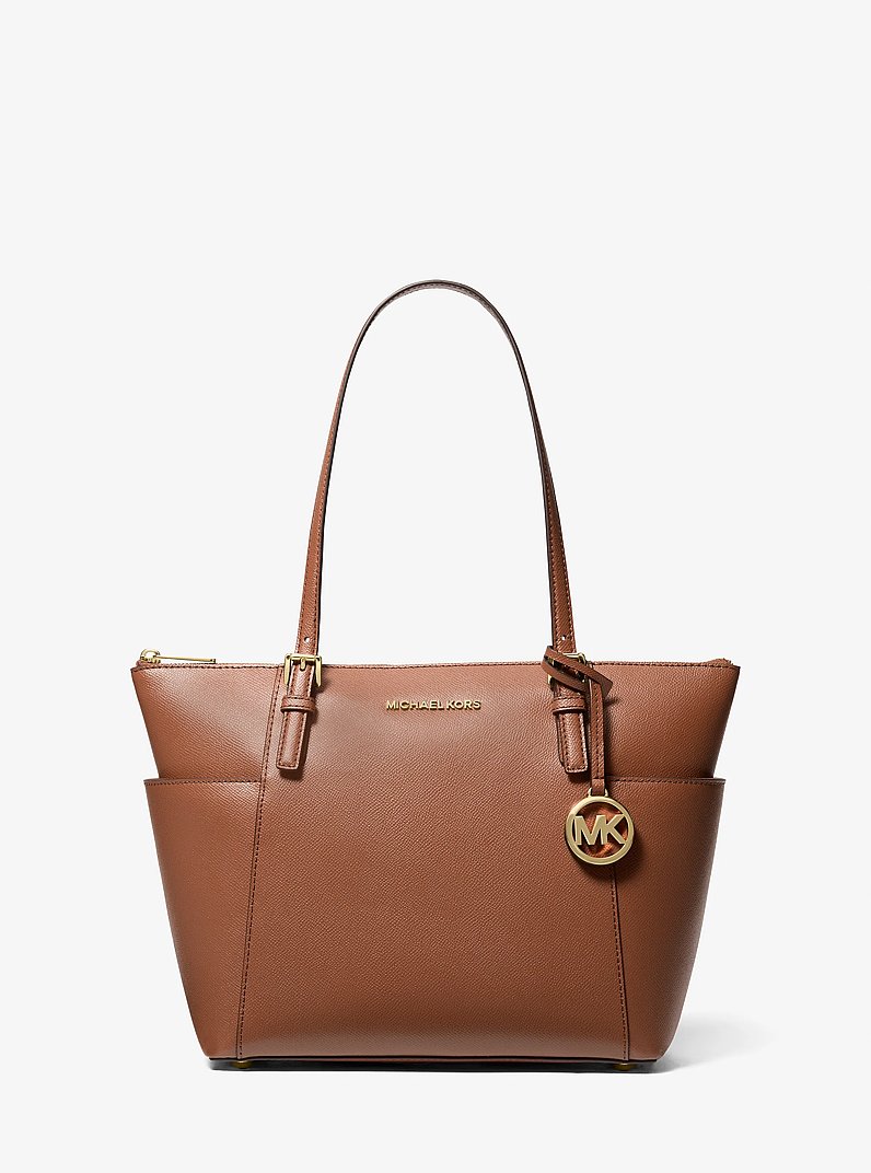 Jet Set Large Crossgrain Leather Top-Zip Tote Bag in LUGGAGE | Michael Kors