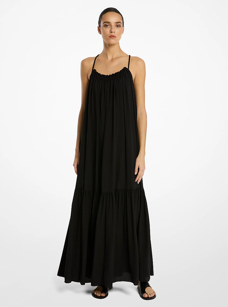Silk Crepe De Chine Draped Backless Dress in BLACK | Michael Kors