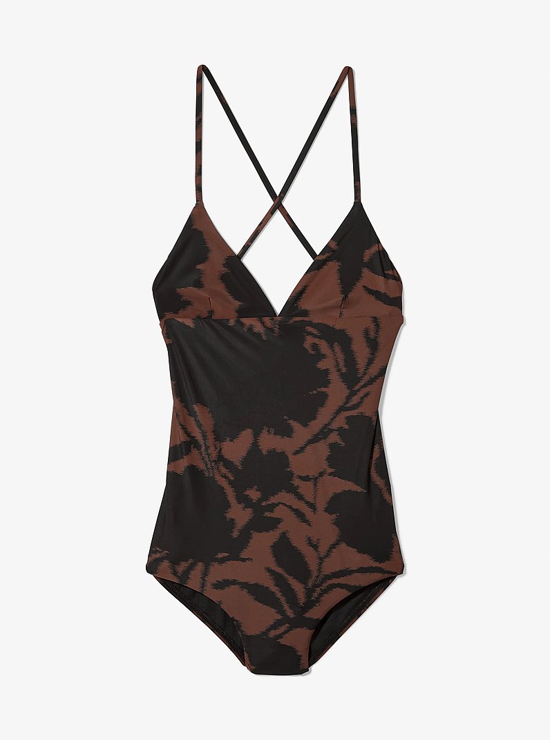 Floral Chin&eacute; Crepe Crossback Swimsuit in JAVA/BLACK | Michael Kors