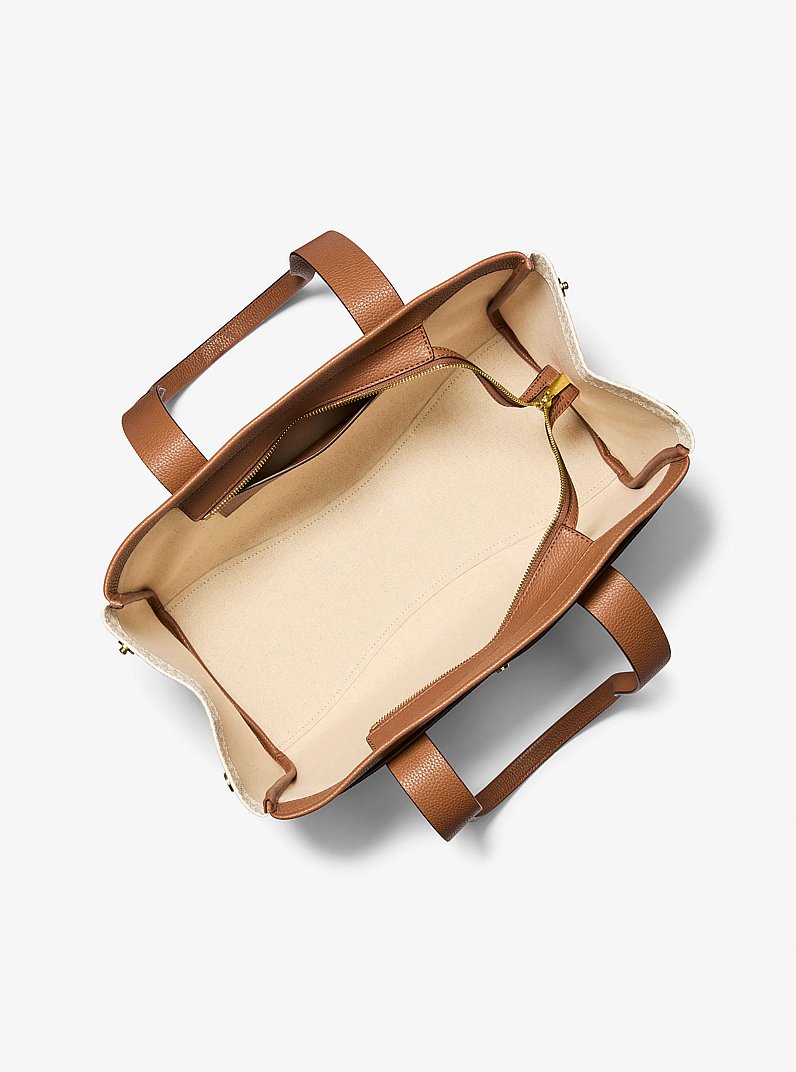 Romee Large Signature Logo and Leather Tote Bag in VANILLA/ACORN | Michael Kors