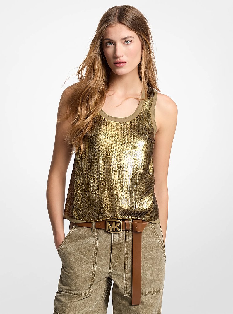 Sequined Georgette Tank Top  in SAFARI GREEN | Michael Kors
