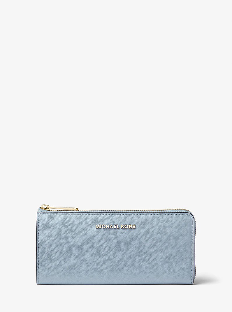 Jet Set Travel Large Saffiano Leather Quarter-Zip Wallet in PALE BLUE | Michael Kors
