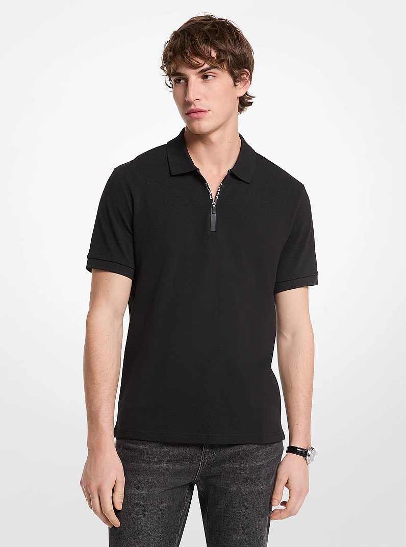 Cotton Zip-Up Polo Shirt in BLACK | Michael Kors