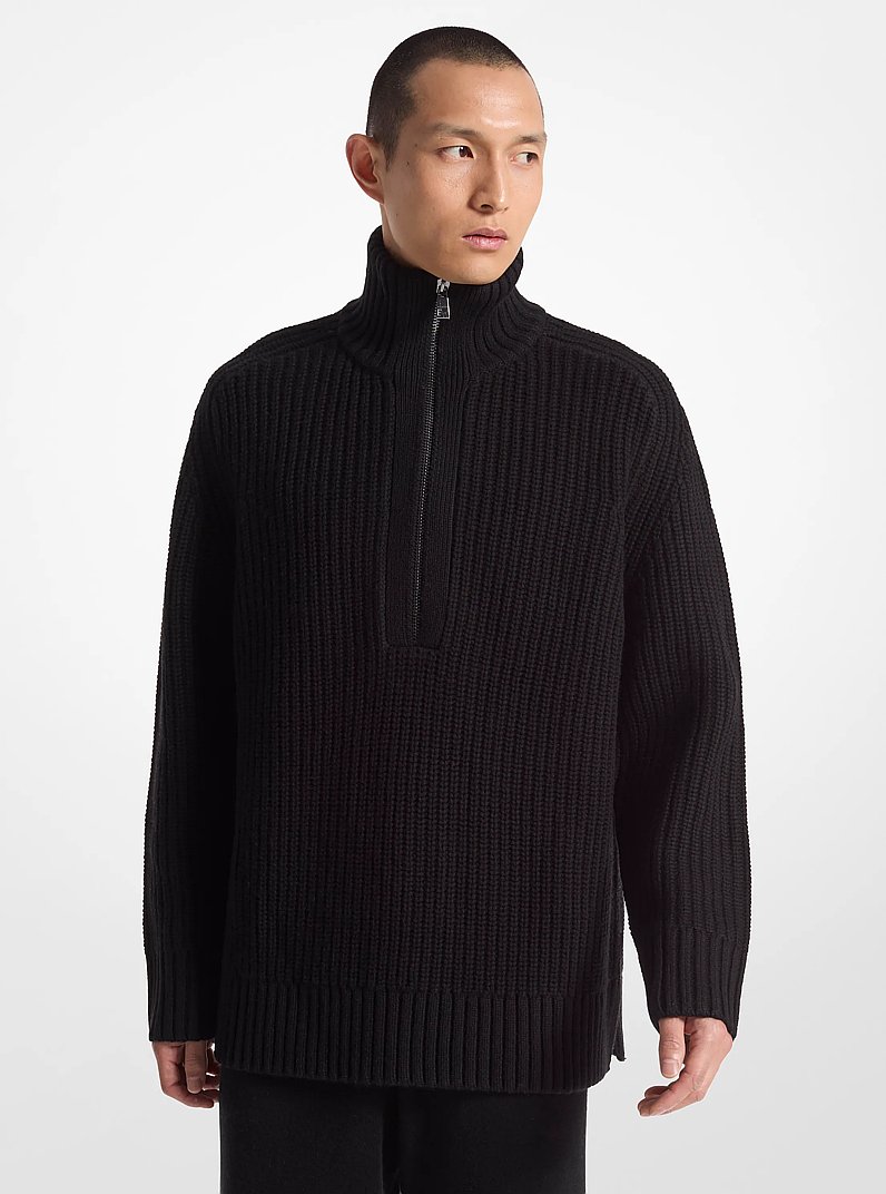 Wool and Cashmere Blend Half-Zip Sweater in BLACK | Michael Kors