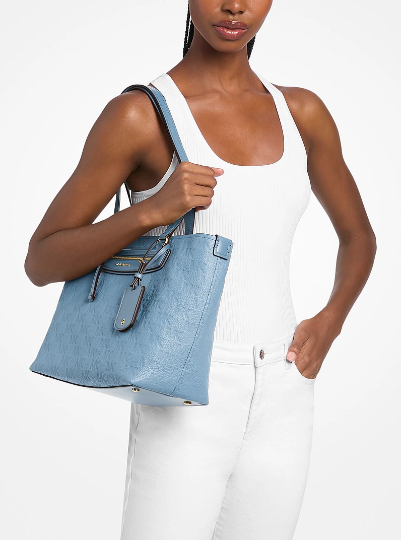 Jet Set Travel Medium Logo Embossed Leather Tote Bag in CHAMBRAY | Michael Kors