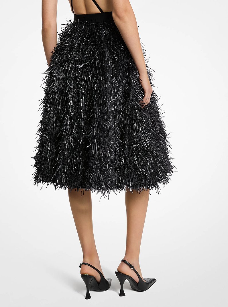 Jupe corolle en jacquard &agrave; franges brod&eacute;es &agrave; la main in NOIR | Michael Kors