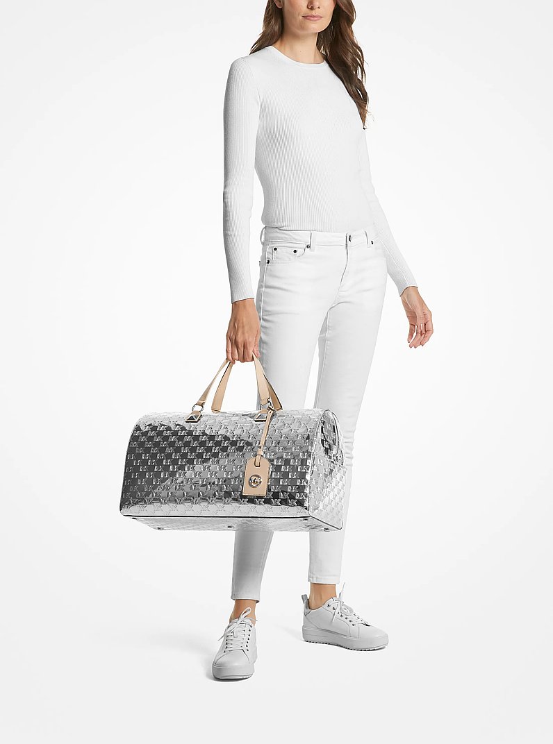 Grayson Extra-Large Logo Embossed Patent Weekender Bag in SILVER | Michael Kors