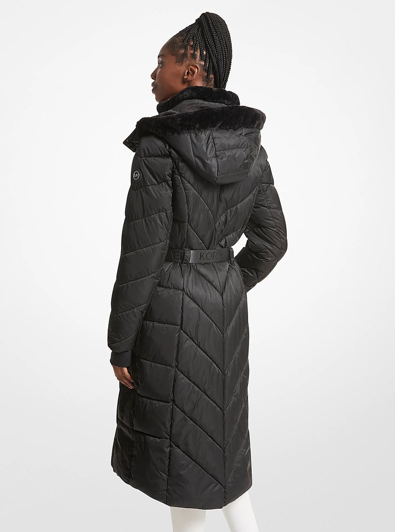Faux Fur Trim Belted Puffer Coat in BLACK | Michael Kors