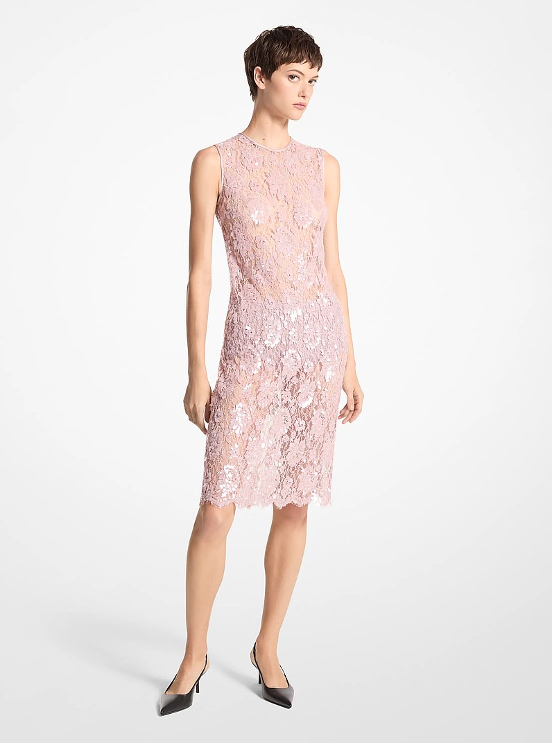 Hand-Embroidered Sequin Floral Lace Shift Dress in BLUSH | Michael Kors