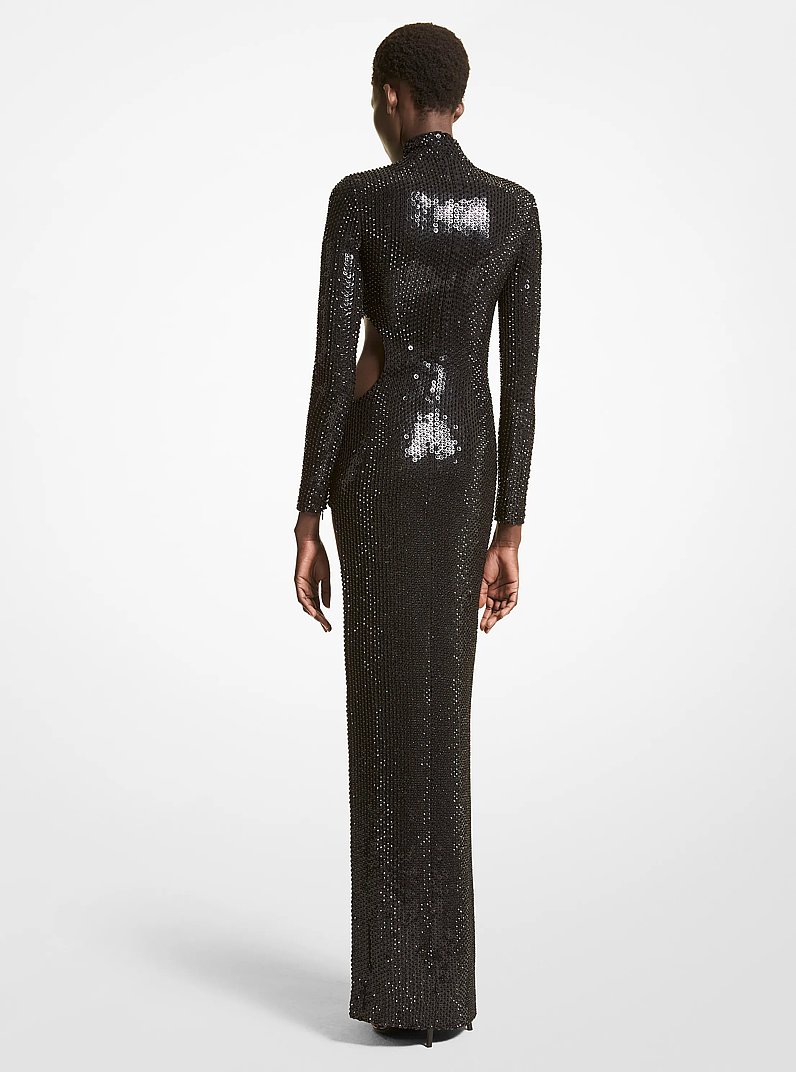 Vestido largo de cady el&aacute;stico con aberturas y cristales bordados a mano in NEGRO | Michael Kors