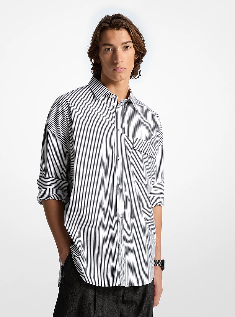 Camicia oversize in popeline di cotone stretch a righe in NERO/BIANCO | Michael Kors