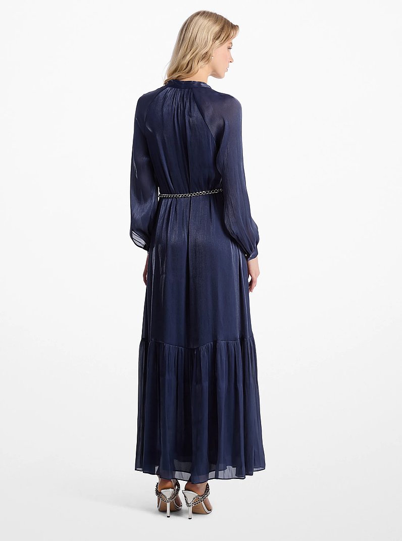 Metallic Crinkled Georgette Belted Kaftan Dress in MIDNIGHTBLUE | Michael Kors