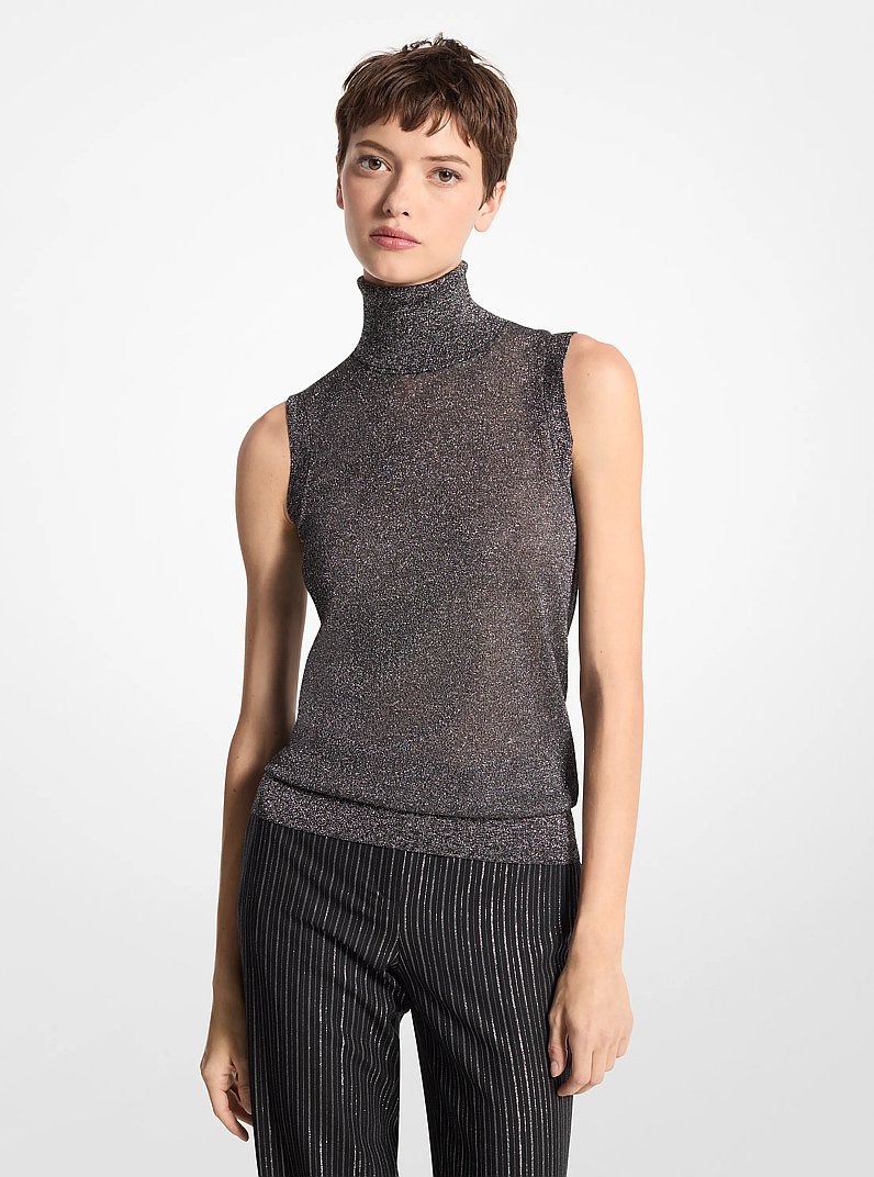 Metallic Viscose Blend Sleeveless Turtleneck Sweater in BLACK/SILVER | Michael Kors