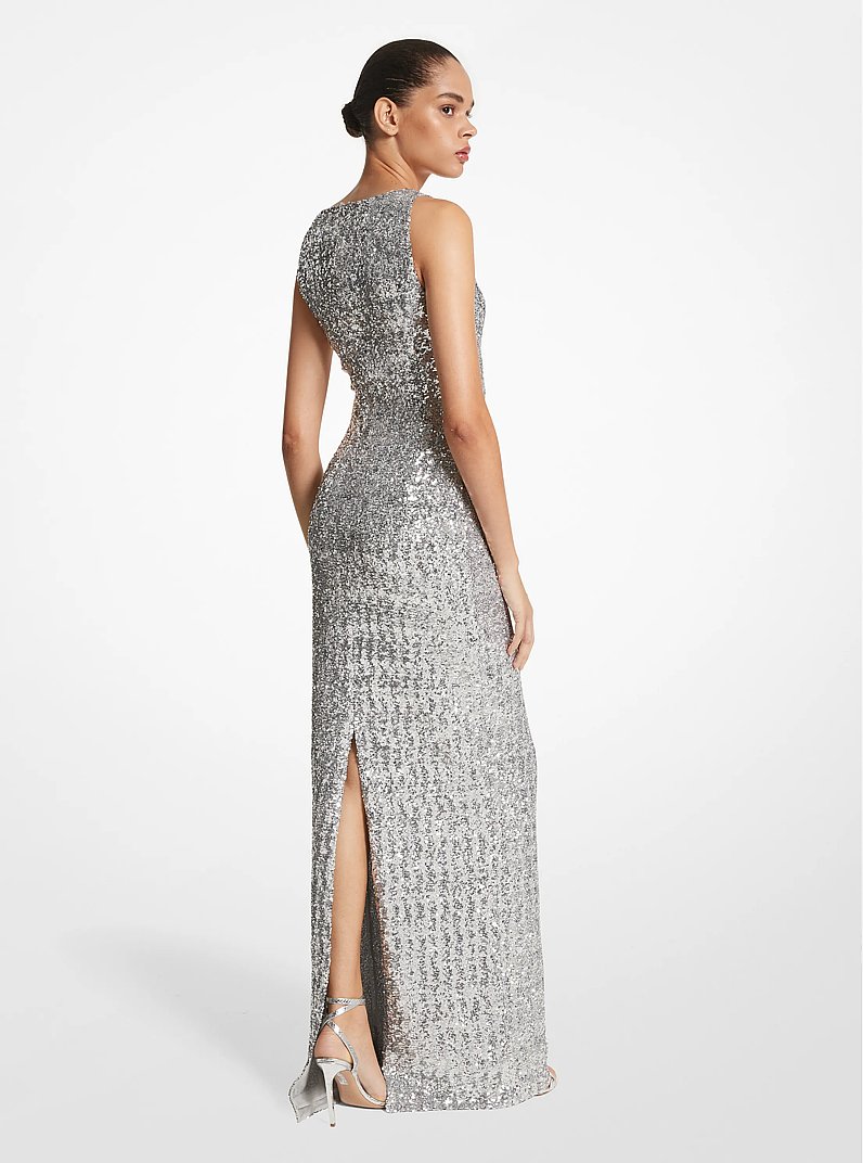 Sequined Stretch Tulle Gown in SILVER | Michael Kors