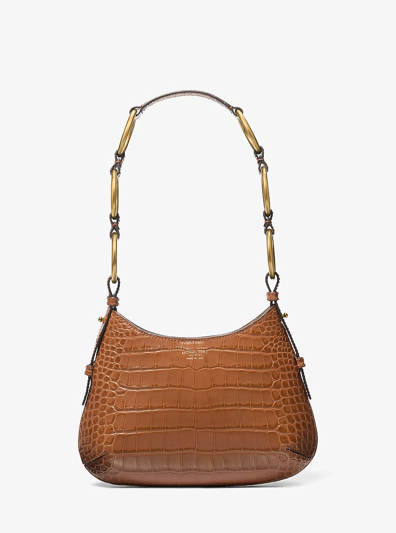Bardot Mini Crocodile Embossed Patent Leather Hobo Shoulder Bag in SADDLE | Michael Kors