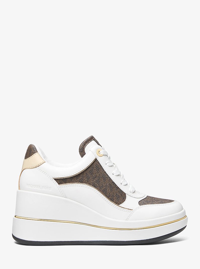 Emmy Signature Logo and Leather Wedge Trainer in BROWN | Michael Kors