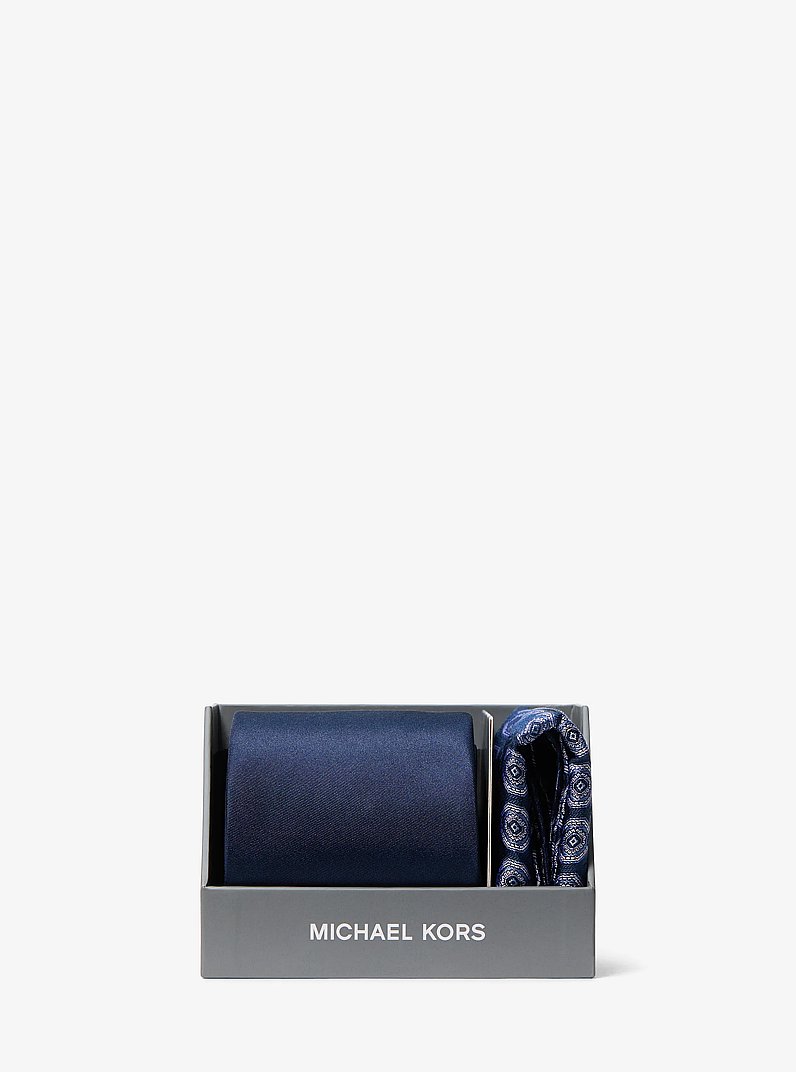 Coffret cadeau avec cravate en soie et carr&eacute; de poche &agrave; imprim&eacute; in BLEU MARINE | Michael Kors