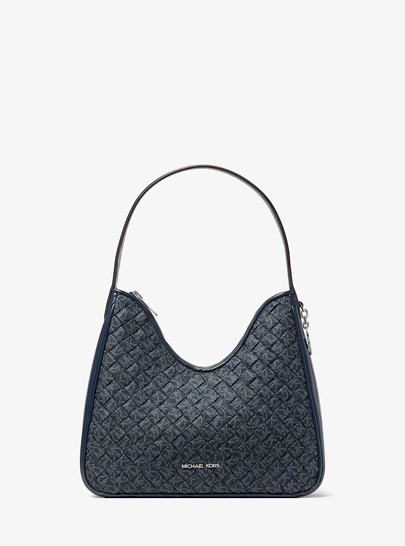 Nayla Small Woven Signature Logo Hobo Shoulder Bag in ADMIRAL | Michael Kors
