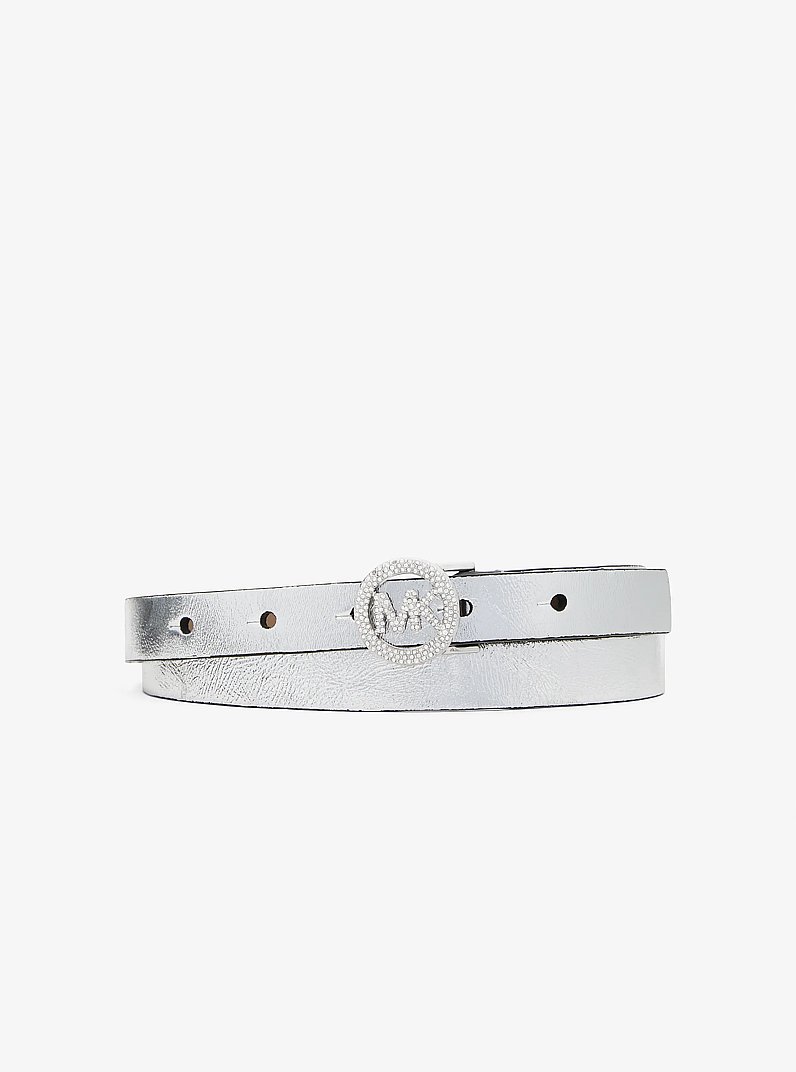 Metallic Leather Pav&eacute; Logo Belt in BLACK/SILVER | Michael Kors