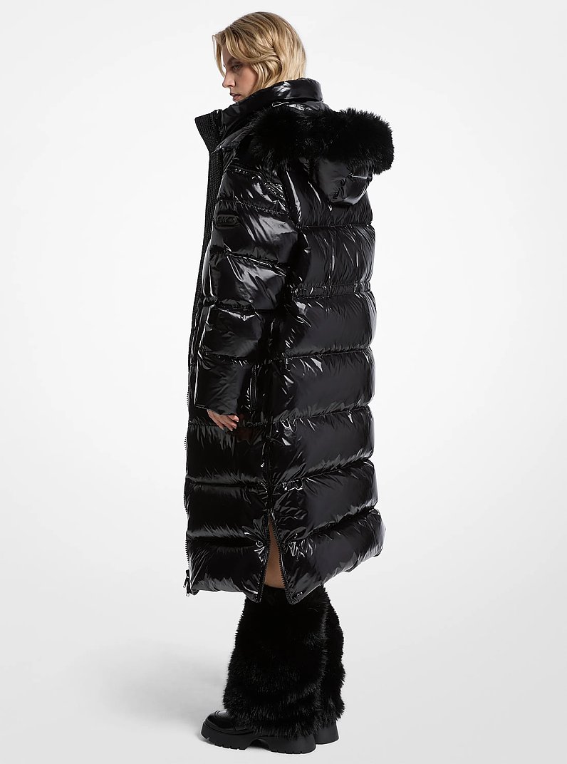 Faux Fur Trim Nylon Cir&eacute; Puffer Coat in BLACK | Michael Kors