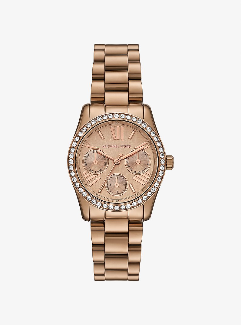 Mini Lexington Pav&eacute; Brushed Beige Gold-Tone Watch in BEIGE GOLD | Michael Kors