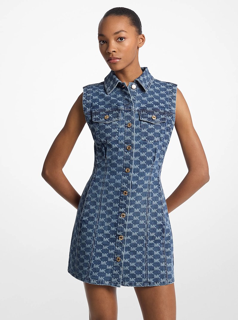 Logo Jacquard Stretch Denim Sleeveless Shirtdress in DUSK BLUE WASH | Michael Kors