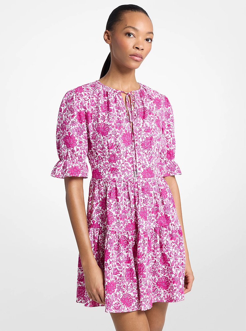 Floral Print Linen Blend Mini Dress in RASPBERRY | Michael Kors