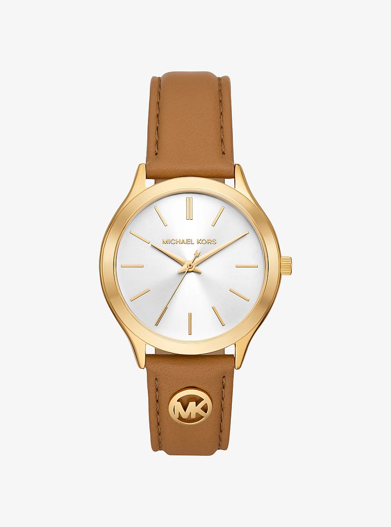 Slim Runway Gold-Tone and Leather Watch in LUGGAGE | Michael Kors
