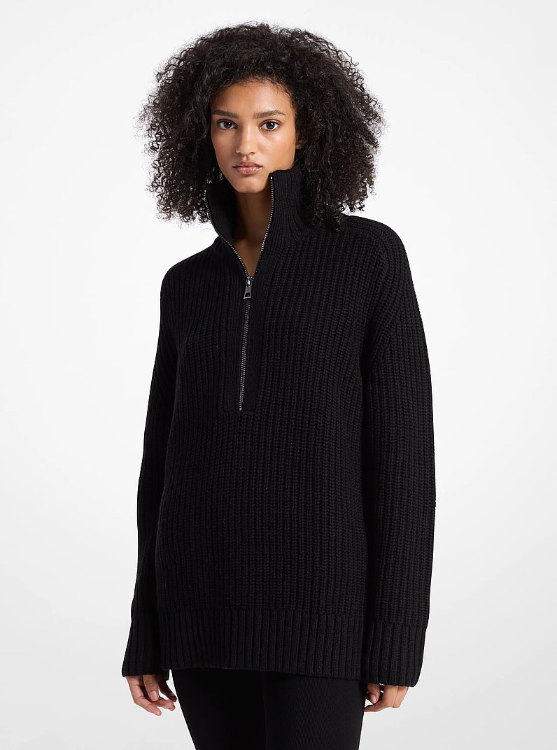 Wool and Cashmere Blend Half-Zip Sweater in BLACK | Michael Kors