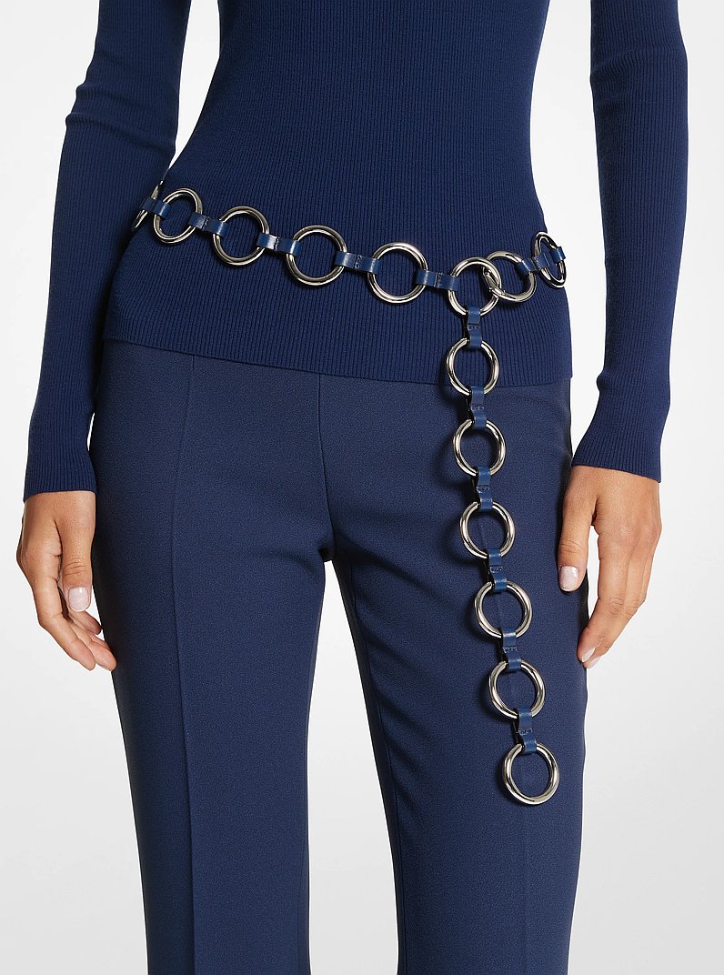 Marisa Silver-Tone and Leather Ring Belt in NAVY | Michael Kors